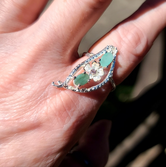 "2 Peas in a Pod" Emerald & Pink Topaz sterling ring sz8 - Picture 6 of 7